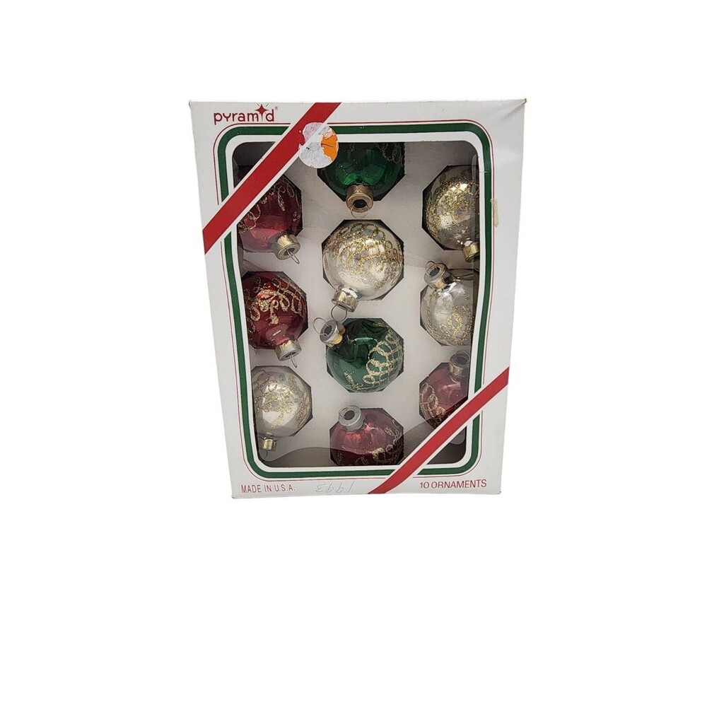 Vintage Pyramid Glass Christmas Ornaments Set Of 10 Faceted Stencil USA Box
